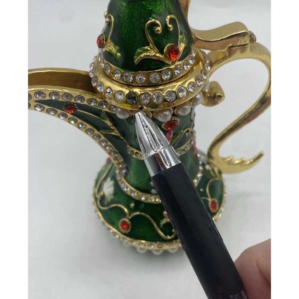 Signed Qifu Green Enamel Jeweled Arabian Nights Trinket Stash Ring Vanity Box - Picture 11 of 12